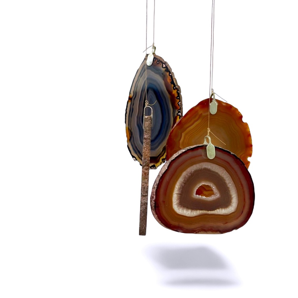 Vintage Natural Agate Slice Wind Chime 4 Geode Slabs Blue Brown Boho Suncatcher